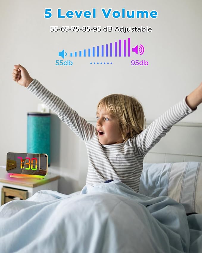 SZELAM Projection Alarm Clock,7.4" LED Mirror Digital Clocks Large Display,with 180° Rotatable Projector,RGB Night Light,USB C Port,Auto Dimmer, Loud Desk Clock for Heavy Sleeper Bedroom - Gold
