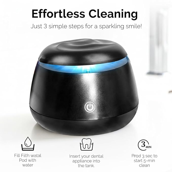 Fiona James 48kHz Ultrasonic Dental Pod Cleaner with UV – Black | Retainer, Aligner, Night Guard & Denture Cleaner | Sonic Cleaning Machine for Oral Appliances & Jewelry
