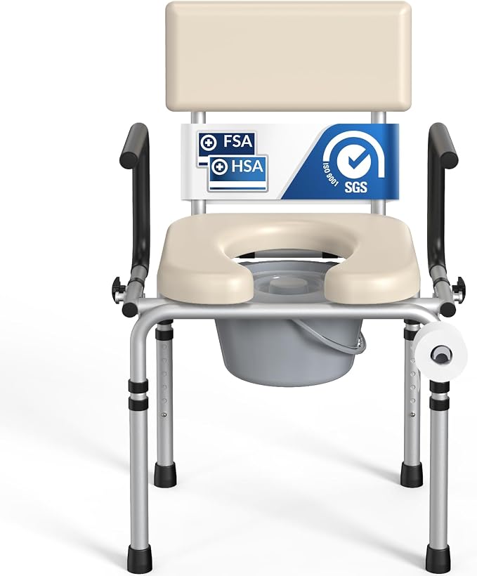 Drop Arm Bedside Commode, Portable Toilet for Adults up to 400lbs | Commode Toilet Chair w/ Padded Seat and Backrest, 6.3QT Removable Bucket Splash Guard, Paper Holder, Height Adjustable Beige