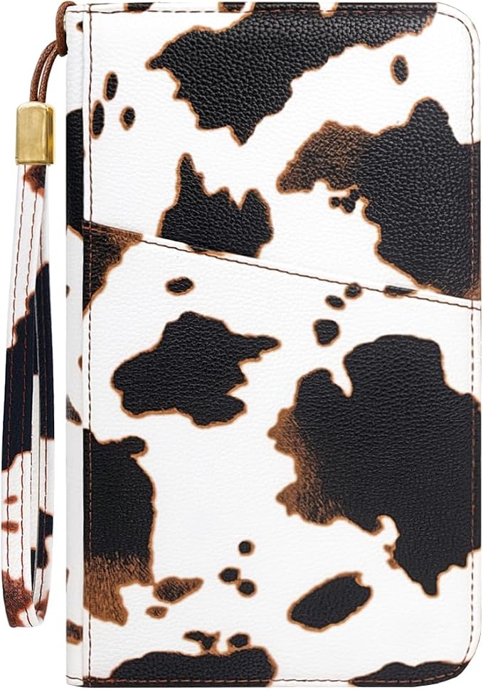 Family Passport Holder Wallet RFID Blocking Document Organizer | PU Leather Mulit-purpose Travel Wallet Credit Cards Case for Women Men, Cow Print