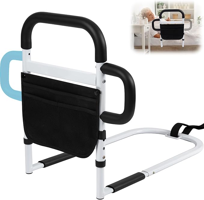 Klvied Bed Rails for Elderly Adults Safety, Adjustable Bed Side Rails with Side Handle, Bed Cane with Motion Light and Storage Bag, Fit King, Queen, Full, Twin,Medium