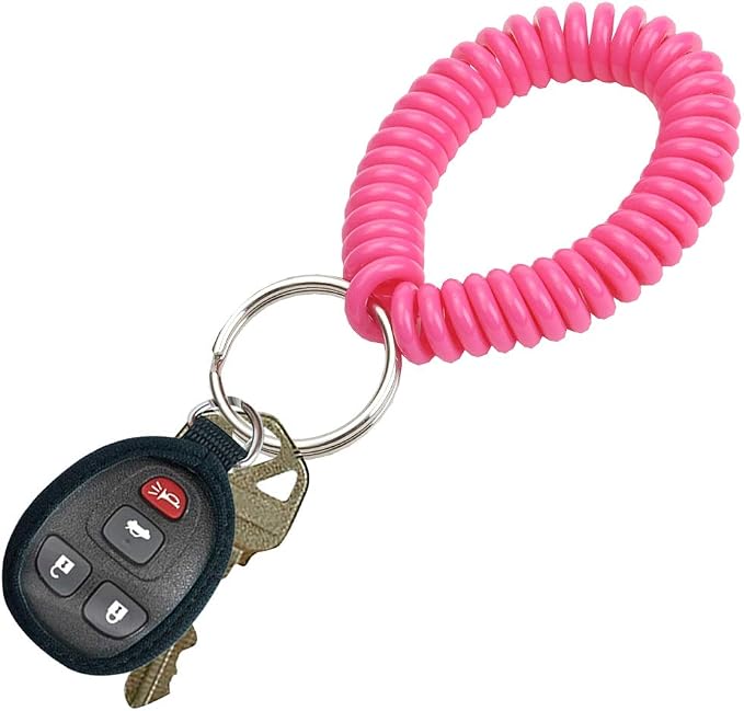 Lucky Line 2” Spiral Wrist Coil with Steel Key Ring, Flexible Wrist Band Key Chain Bracelet, Stretches To 12”, Neon Pink, 5 Pack (4106605)