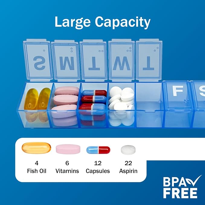 Amazon Basic Care Weekly Pill Organizer, 7-Day, Medium Compartments, Medicine Box, Blue
