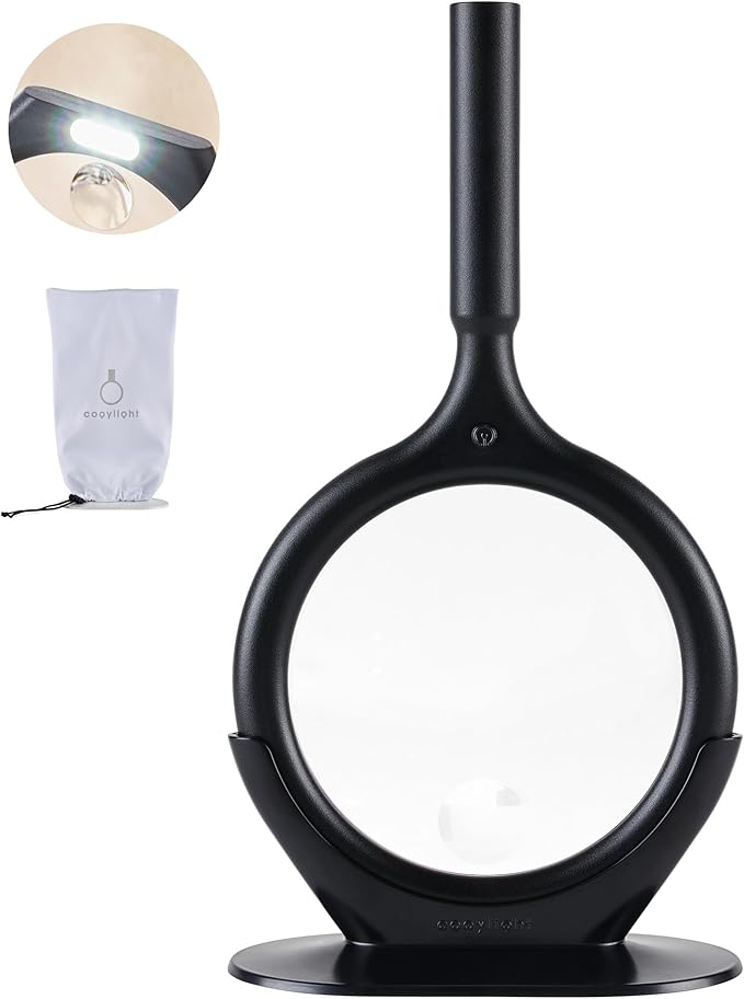 Black Magnifying Glass with Light, 2.5X, 4X Handheld Large Magnifying Glass 3-LED, Support, Storage Pouch, Illuminated Lighted Magnifier for Seniors Reading, Observation, Research