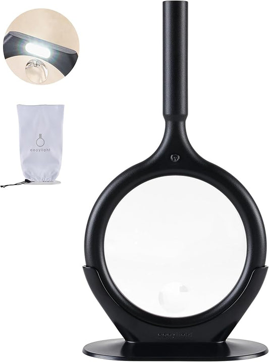 Black Magnifying Glass with Light, 2.5X, 4X Handheld Large Magnifying Glass 3-LED, Support, Storage Pouch, Illuminated Lighted Magnifier for Seniors Reading, Observation, Research