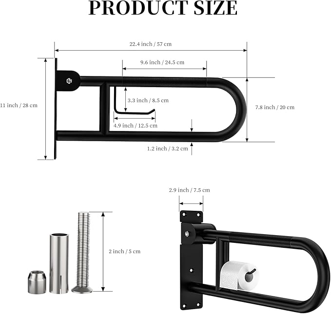 Toilet Grab Bar 22.4 Inch, YuanDe Flip Up Grab Bar with Paper Holder, Matte Black Anti-Slip Safety Bars for Toilet, Stainless Steel Knurled Toilet Handles for Seniors Disabled Elderly Pregnant