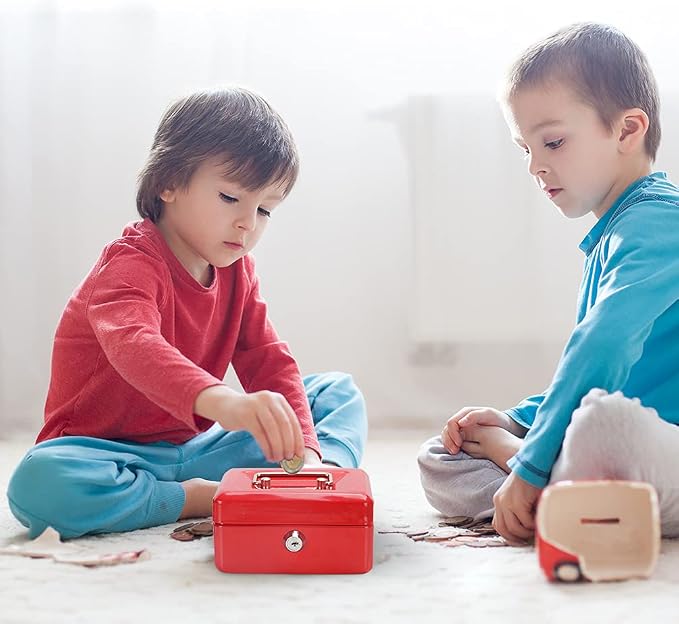 Jssmst Small Lock Cash Box, Locking Money Box for Kids with Slot on Top, Red Lock Box, 5.91 x 4.72 x 2.95 inches, CB003-R