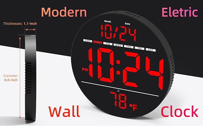 Digital Wall Clock with Large LED Display, Date, Temperature, Auto-Brightness | Small [PLUG-IN] Clock | Modern Electric Wall Clock for Bedroom, Classroom, Living Room, Home, Office, Farmhouse – Red