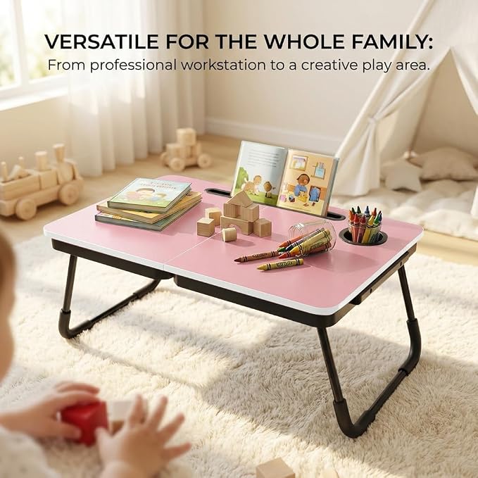 BUYIFY 23.4" Foldable Lap Desk Bed Table with Cup Holder Portable Tray | Folds Flat for Easy Storage, No Assembly Laptop Bed Desk, Sturdy and Lightweight, Patent Design,Pink