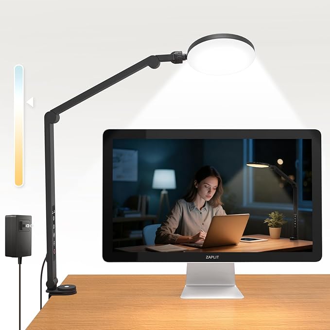 Desk Lamp, 16W LED Desk Light with Clamp & Adjustable Arm for Home Office Video Calls, Touch Control Eye-Care Light for Reading with 5 Color Temps (1700K-6000K) & 10 Brightness, Timer 0.5H/1H