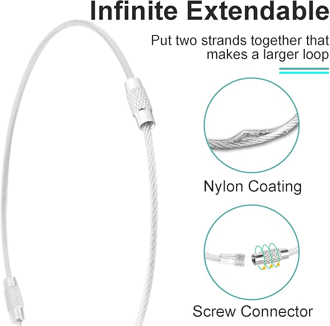 CooBigo 20Pack 10" Large Wire Key Chain Rings Big Cable Keychain 2mm Stainless Steel Wire Luggage Tag Loops Car Keyrings Women Bracelets Beads (Silver, Metal)