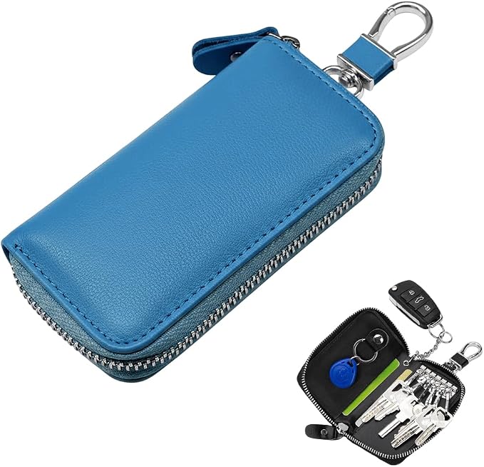 Leather Car Key Holder Bag, Unisex Key Fob Case with 6 Hooks, Zipper Closure Keychian Case Wallet for Smart Keys (Blue)