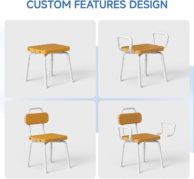 360° Swivel Shower Chair with Removable Arms, Adjustable Height Rotating Shower Chair for Inside Shower for Seniors and Disabled，Tool-Free 3-Min Assembly，Brown