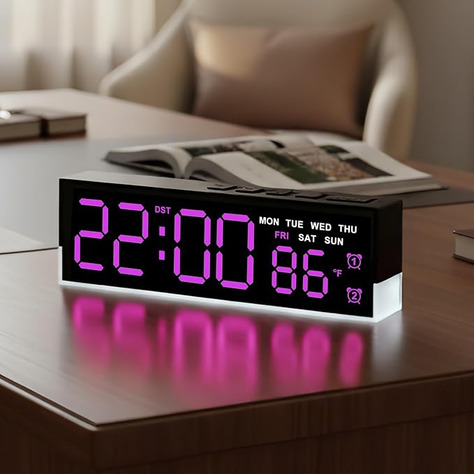 7-Inch Modern LED Digital Alarm Clock with Dual Alarms & Soft Bottom Light｜Displays Time, Date, Day, Temperature｜3-Level Auto/Manual Brightness, DST, USB or Battery Powered Desk Clock,Rose-Red
