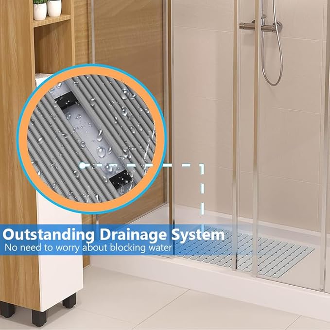 Bath Mat Non Slip Shower Mat Bathtub with Drain Holes and Heavy Duty Rubber No Suction Cups Sturdy Shower Stall Tub Mat for Bathroom, Shower Floor, Pool, SPA, (Grey, 2FT X 34FT)