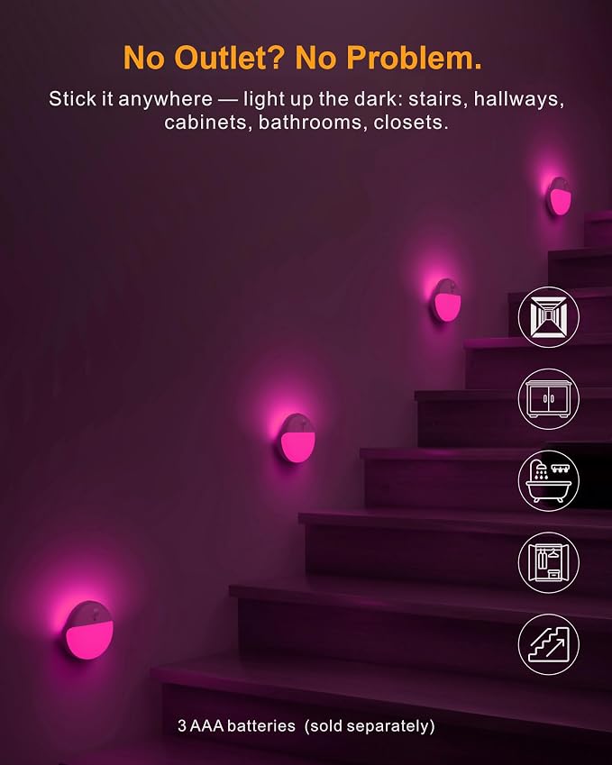 Pink Motion Sensor Night Light Battery Operated, Dim Light,1-15lm | 2 Pack, 3 Modes, Dimmable, Wireless Motion Activated Light, Stick on, Pink Light for Girls, Bathroom, Bedroom, Room Decor