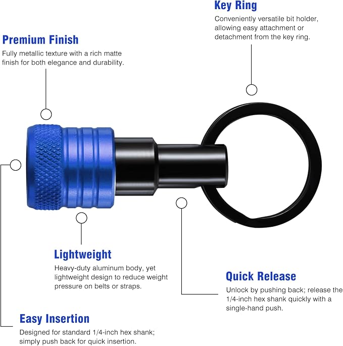 Katerk Bit Holder Keychain 12 Pcs, 1/4-Inch Hex Shank, Quick Release, Blue | Aluminum Alloy, Impact Drivers, Drill Bits, Tool Belt Use, Carabiner Clip, One-Handed Operation, Ball Lock, Compact Organizer