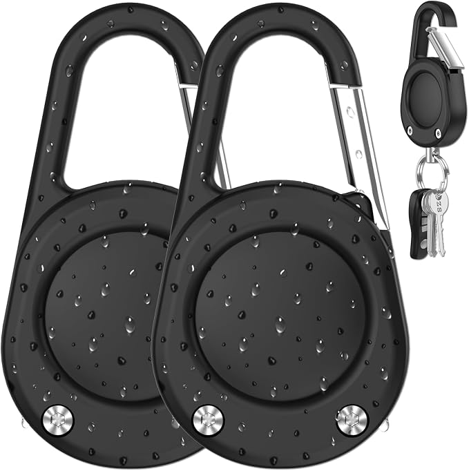 for Airtag Keychain,IPX8 Waterproof AirTag Holder with Carabiner,Hard PC,Lock Clip,Universal Wheel Keyring,Air Tag Keychain for Apple Airtag (Black 2 Pack)