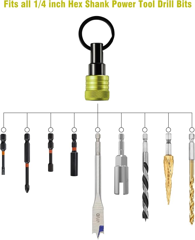 Katerk Bit Holder Keychain 12 Pcs, 1/4-Inch Hex Shank, Quick Release, Green | Aluminum Alloy, Impact Drivers, Drill Bits, Tool Belt Use, Carabiner Clip, One-Handed Operation, Ball Lock, Compact Organizer