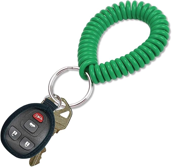 Lucky Line 2” Spiral Wrist Coil with Steel Key Ring, Flexible Wrist Band Key Chain Bracelet, Stretches To 12”, Green, 5 Pack (4104005)