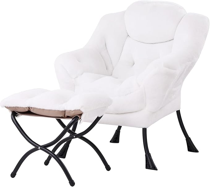 Tiita Lazy Chair with Ottoman, Modern Large Accent Lounge Armchair, Comfy Leisure Sofa Reading Chair with Footrest for Bedroom, Living Room, Dorm Rooms, Garden and Courtyard, Plush White