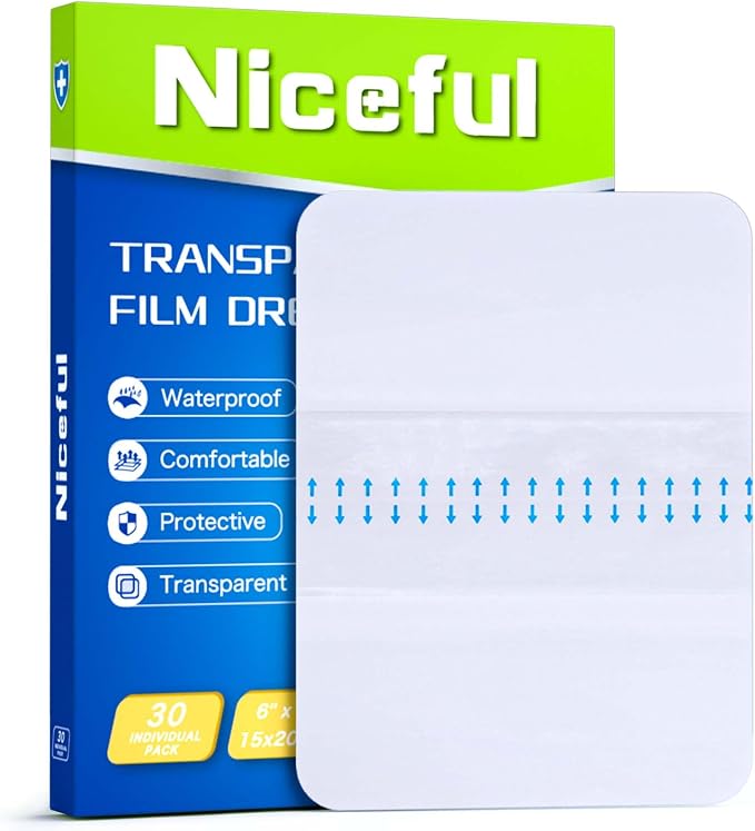 Niceful Transparent Film Dressing 30 Count-Clear Bandages for Wounds 6" x 8", Waterproof Adhesive Wound Cover Bandages for Post Surgical Shower or IV Shield, Scar Therapy, Tattoo Dressings