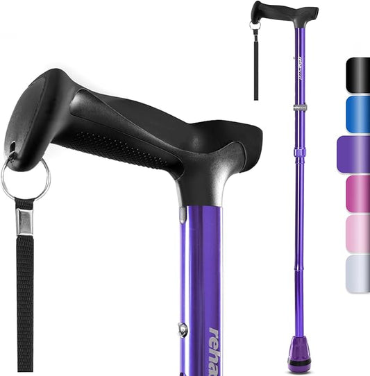 Rehaescort Walking Cane, Folding, Adjustable, Lightweight, Walking Canes for Men & Women, Soft Ergonomic Handle, Heavy Duty All Terrain Tip, Walking Sticks for Seniors & Adults with Travel Bag