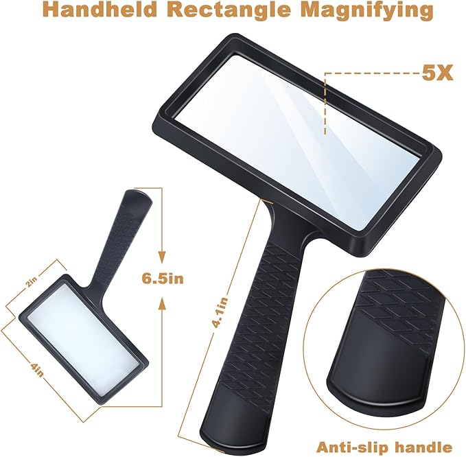 5X Rectangle Reading Magnifier, Large Handheld Magnifying Glass Scratch Resistant Glass Lens Seniors Reading, Hobbies, Repair, Observation(Black)