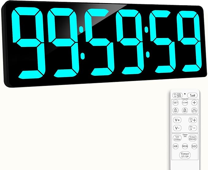 17.2" Large Digital Timer Wall Clock with Remote Control, Count Down Up Digital Timer, Auto DST LED Big Digital Clock for Bedroom Kitchen Living Room Office Gym Home Decor, Blue