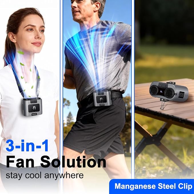 CAZOKASI 2026 Upgrade 20000mAh Waist Clip Fan Wearable Fan Portable Personal Body Fan Powerful Upto 36H Cooling and Heatstroke Prevention Fan (20000mAh/Grey)