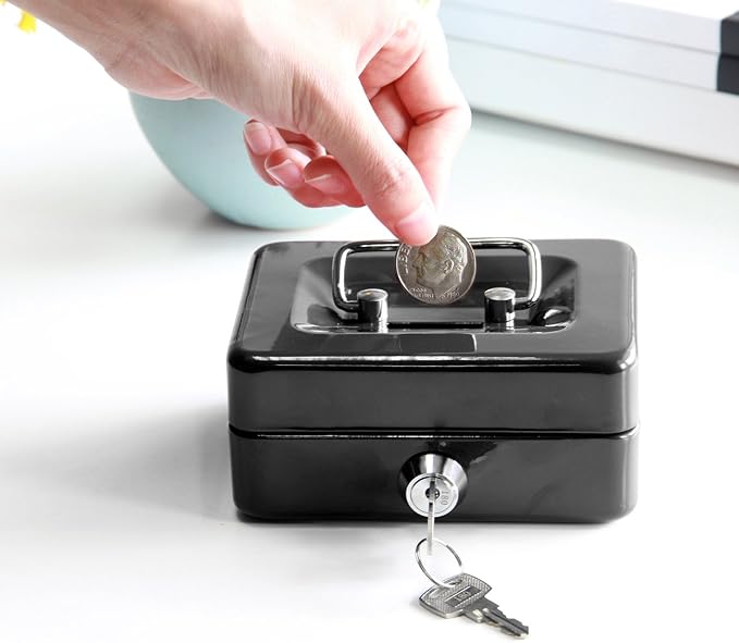Small Cash Box with Lock and Slot - Jssmst Metal Coin Bank Small Lock Box, Black(SMCB0301N)
