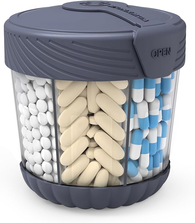 Large Pill Dispenser, Portable Pill Bottle Organizer for 7 Vitamins, Anti-Mix Supplement Organizer with Easy Twist Wide Opening, BPA-Free Pill Container, 20 Pcs Labels Included, Gray
