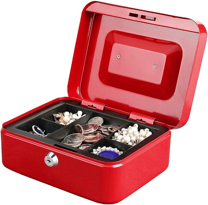 Jssmst Locking Medium Steel Cash Box with Money Tray,Lock Box,Red