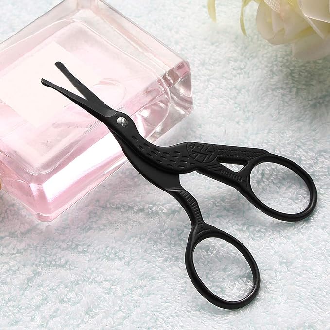 LIVINGO Vintage Stork Nose Hair Scissors Black Titanium Coated | Professional Beauty Grooming Shears, Rounded Tip, Cuticle Pedicure Care, Eyebrow Facial Hair Dry Skin Trimming