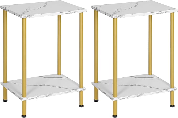 HOOBRO End Tables Set of 2, Small Side Table, Nightstand with 2-Layer Storage Shelves, Sofa Table for Small Spaces, Living Room, Bedroom, Stable Frame, Easy Assembly, Gold and Marble DM09BZP201