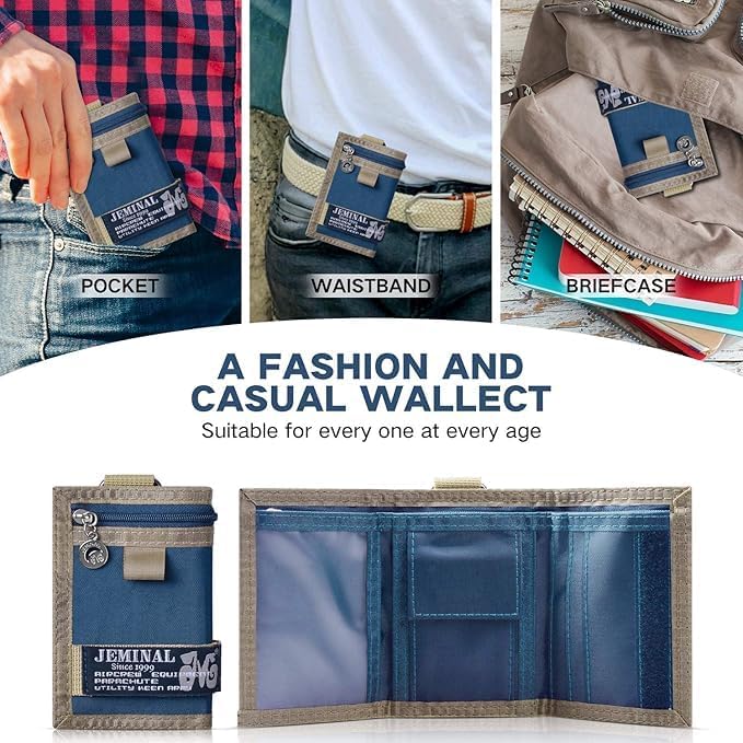 JEMINAL Trifold Canvas Wallet for Men Outdoor Sports Wallet with Keychain, Multiple Card Slots, ID Window, Lightweight Nylon Casual Wallet, Blue