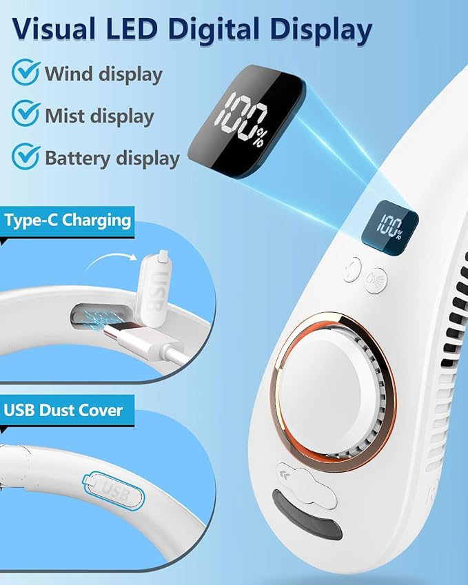 Portable Neck Fans with Mist, Rechargeable 4-9H Lasting Neck Cooling that Blow Cold Air, 5 Speeds & LED display, USB-C Bladeless Folding Personal Mister for Kid Adult Indoor Outdoors Sports, White
