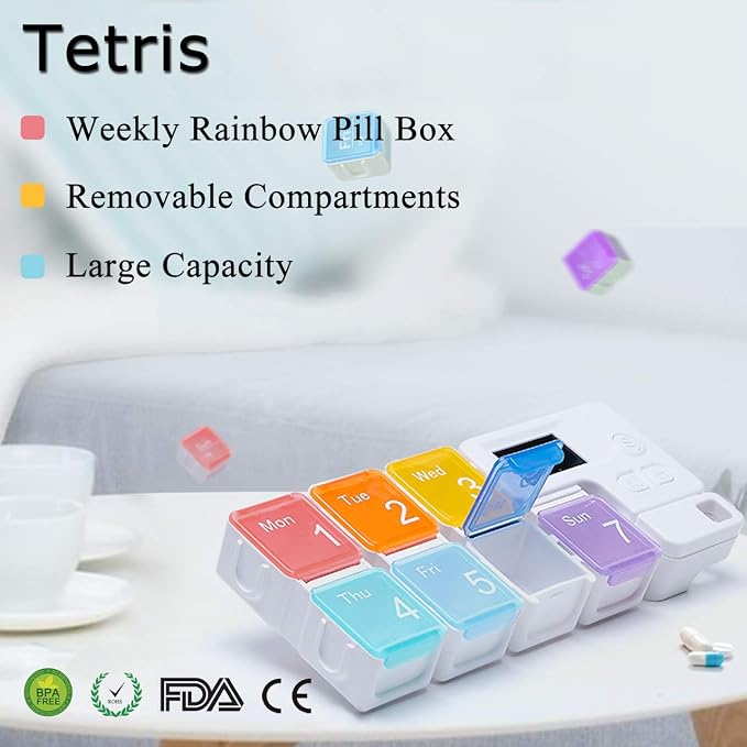 7 Days Pill Dispenser Organizer with Reminder Alarm - CozyCabin Portable Travel Vitamins Medicine Box Case(Rainbow)