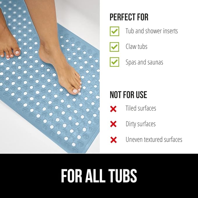 GORILLA GRIP Patented Bath Tub Shower Mat, Machine Washable Bathtub Floor Liner Mats, Suction Cups and Drain Holes to Keep Tubs Clean, Soft on Feet, Bathroom Essentials, 35x16 Inch, Sky Blue Opaque