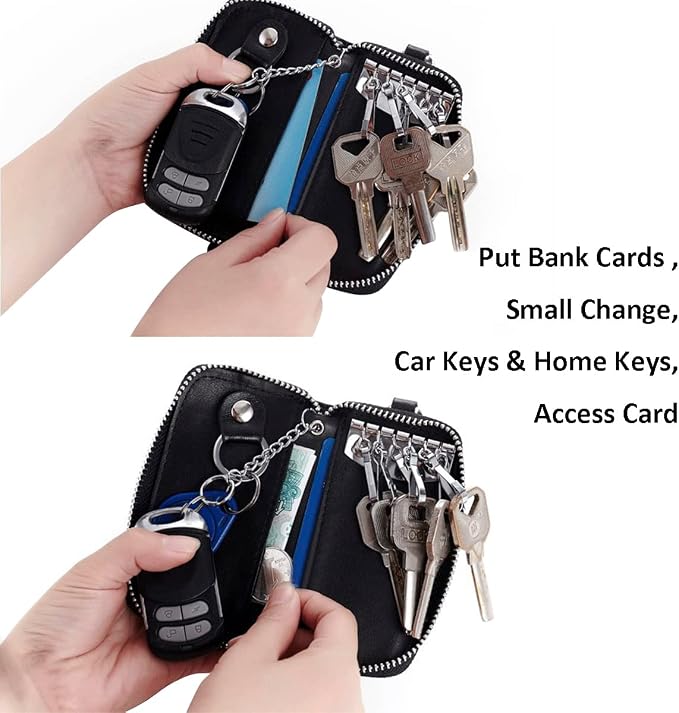 WESTONETEK Unisex Mens Womens Premium Leather Car Key Holder Bag Keychain Case Wallet with 6 Hooks Zipper Closure