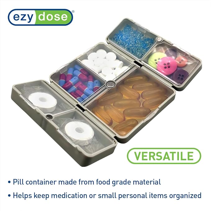 EZY DOSE Bi-Foldable Magnetic Pill Case, Medicine Planner, Vitamin Organizer Box, Snap-Shut for Security, Durable and Easy to Use, 7 Individual Compartments with Various Sizes, Travel-Friendly, Gray