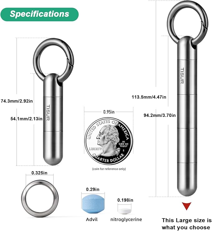 TISUR Large Keychain Pill Holder, Titanium Pill Case Waterproof Pill Fob for Travel Purse Pocket,Pill Organize | Waterproof Pill Fob,Portable Pill Box Container,Purse Pill Organizer Tube