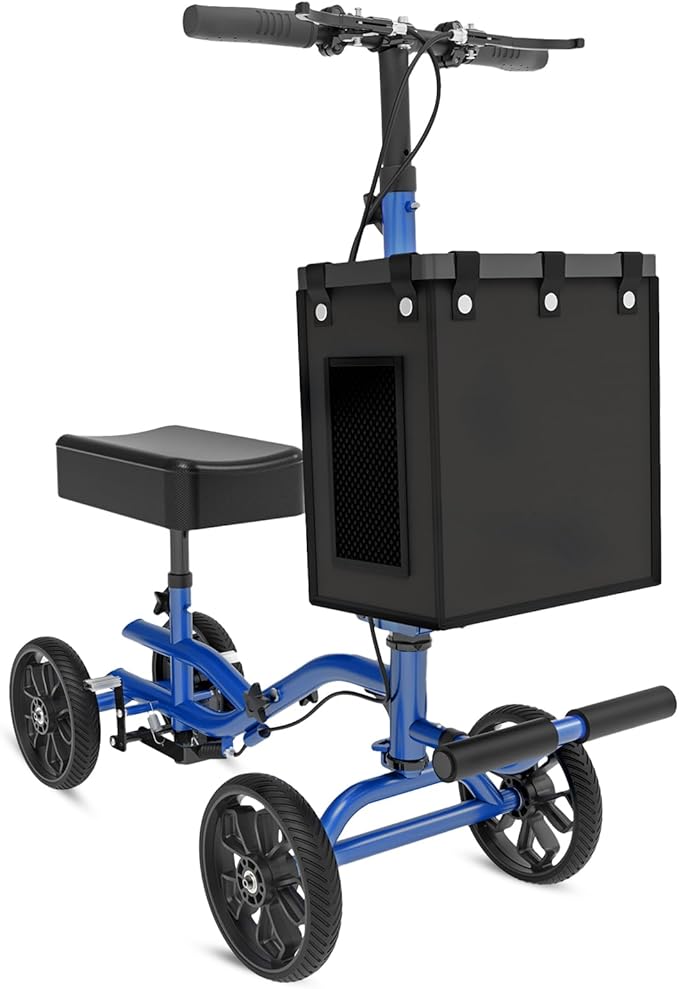 Lightweight Knee Scooter Crutch Alternative, Foldable & Adjustable Knee Scooter for Adults for Foot Surgery, Steerable Knee Walker with Detachable Storage Basket, Includes DIY Stickers-Blue
