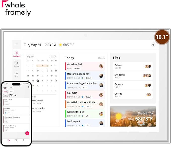 Whale Framely 10.1 Inch Digital Wall Calendar, Smart Family Schedule & Chore Chart,Meal planner, IPS FHD Touchscreen Wall Planner with Auto-Rotate, Wall Organizer, Gift for Father‘s Day/Grandpa