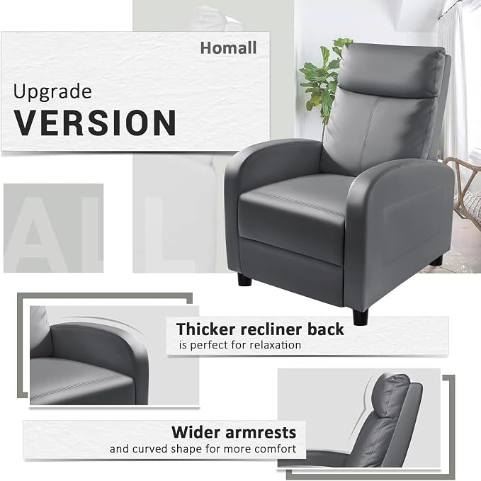 Homall Recliner Chair, Recliner Sofa PU Leather for Adults, Grey Recliners | Home Theater Seating with Lumbar Support, Reclining Sofa Chair for Living Room