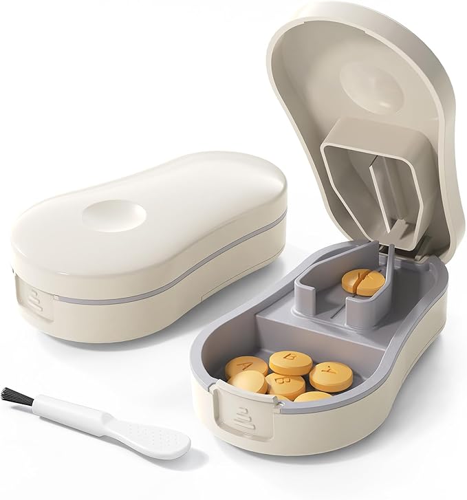 Pill Cutter Splitter for Small and Tiny Pills - 1/2 Accurately Cuts -Easy Open Snap Button.Wrap-Around Blade Guard Prevents Cuts. Detachable V-Shaped Pad. Back Storage(White)