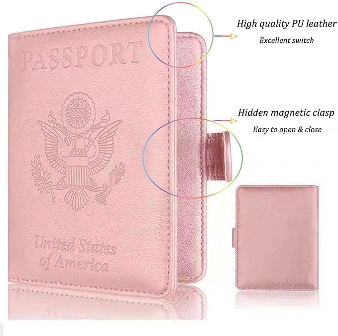 RFID Blocking Passport Holder - PU Leather Travel Wallet for Men Women, Credit Card Slots & Passport Case, Slim Lightweight Organizer for International Travel, (pink)