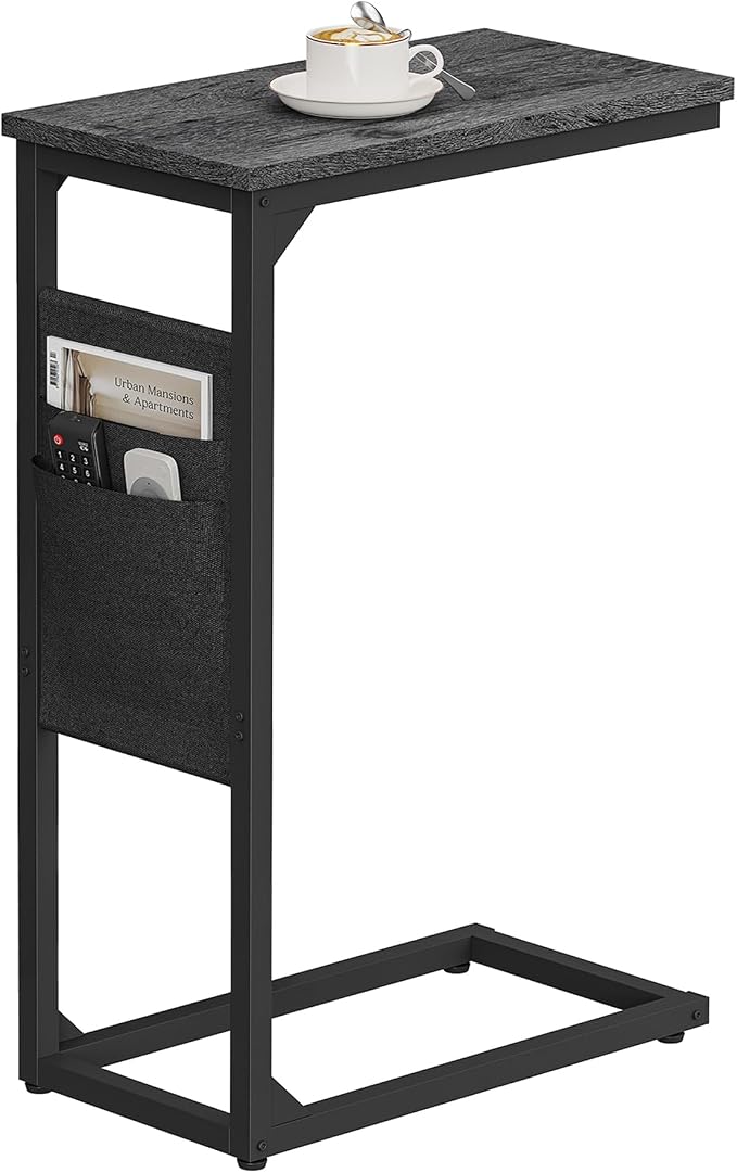 TUTOTAK C Shaped End Table, Side Table for Couch, Sofa Table | with Storage Bag, TV Tray for Living Room, Bedroom, Grey TB01BY082