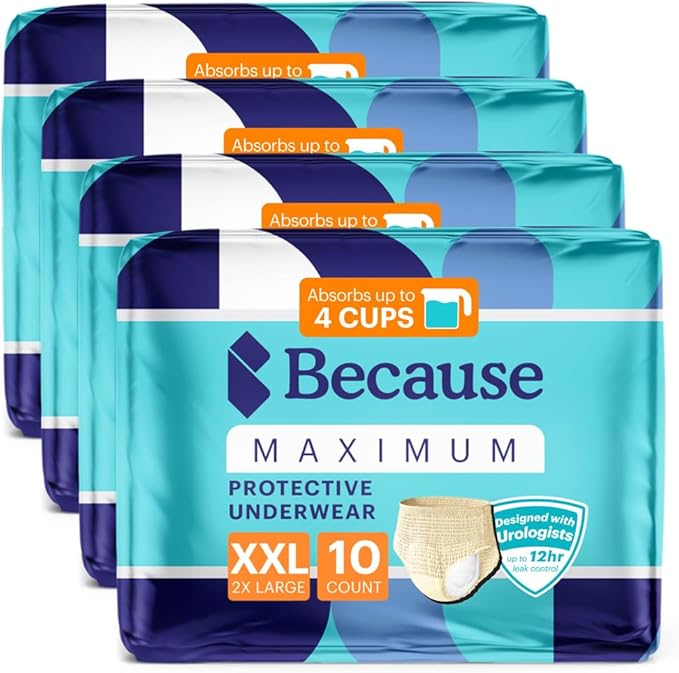 Because Premium Maximum Plus Adult Incontinence and Postpartum Bladder Leak Underwear for Women, Maximum Absorbency, Disposable, Beige, XXLarge, 40 Count (4 Packs of 10)