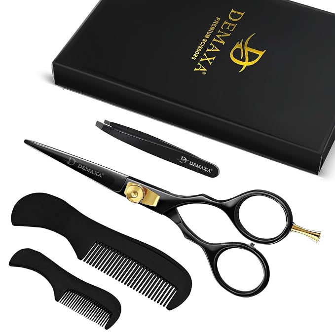 Mustache Scissors Beard Scissors for men with Beard Mustache Comb DEMAXA 5.5" Rust-Free Professionally Sharpened for Precision Trimming with Tweezers, Premium Black Beard Shears moustache scissors men